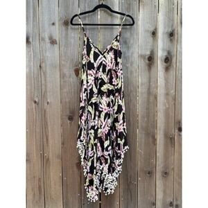 Goa Beachwear by Japna‎ Dress Black Floral Palm Pom Pom Trim Cover Up